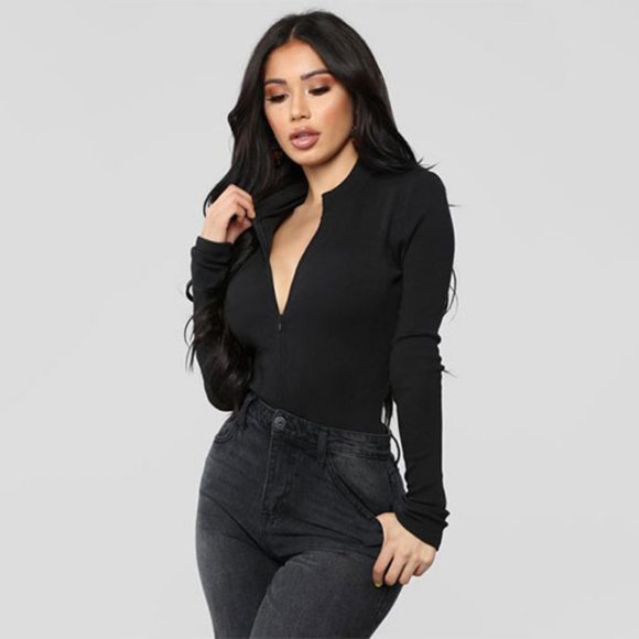 Mock Neck Zip Front Long Sleeve Bodysuit - Picture 2 of 3